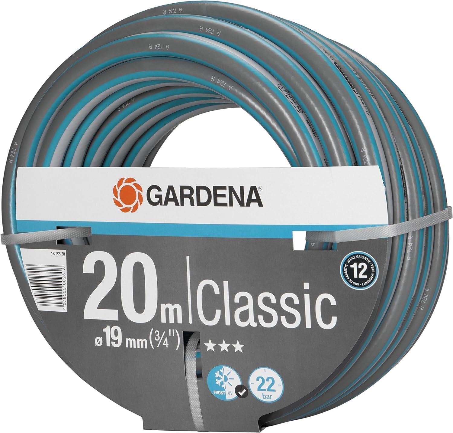 Gardena Classic Wąż 19 mm (3/4 cala), 20 m: Uniwersalny wąż ogrodowy z wytrzymałej tkaniny, tkany krzyżowo, ciśnienie rozrywające 22 bar, odporny na promieniowanie UV, brak elementów systemowych, 12 lat gwarancji (18022-20)