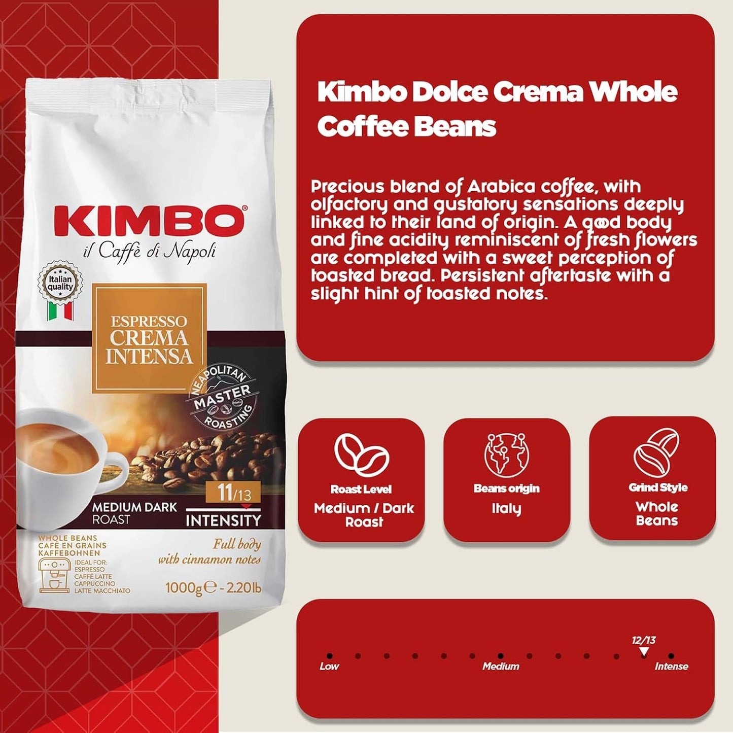 Espresso Crema Intesa, 6 ziaren kawy x 1 kg, mieszanka o pełnym i intensywnym smaku, intensywność 11/13, średnio palona, ​​6 opakowań po 1 kg każde