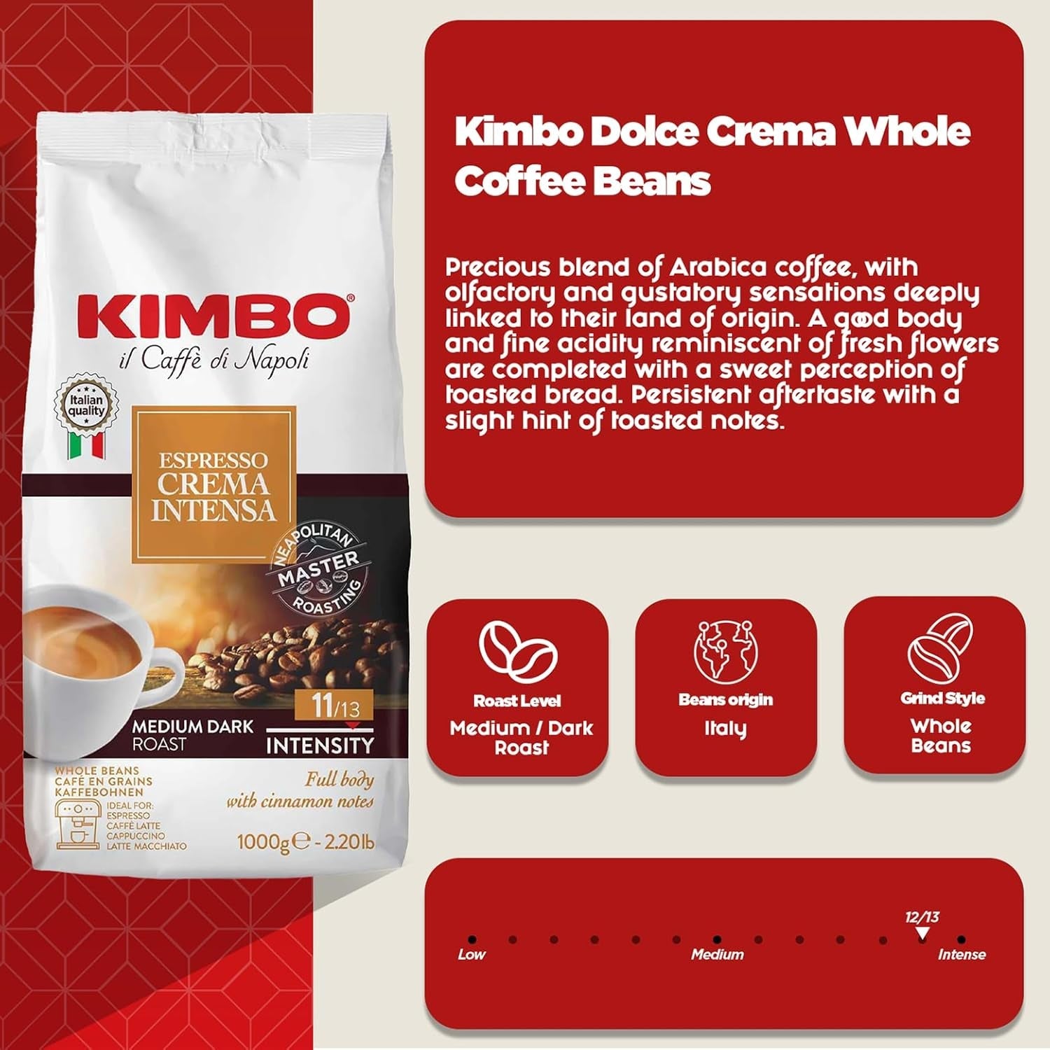 Espresso Crema Intesa, 6 ziaren kawy x 1 kg, mieszanka o pełnym i intensywnym smaku, intensywność 11/13, średnio palona, ​​6 opakowań po 1 kg każde