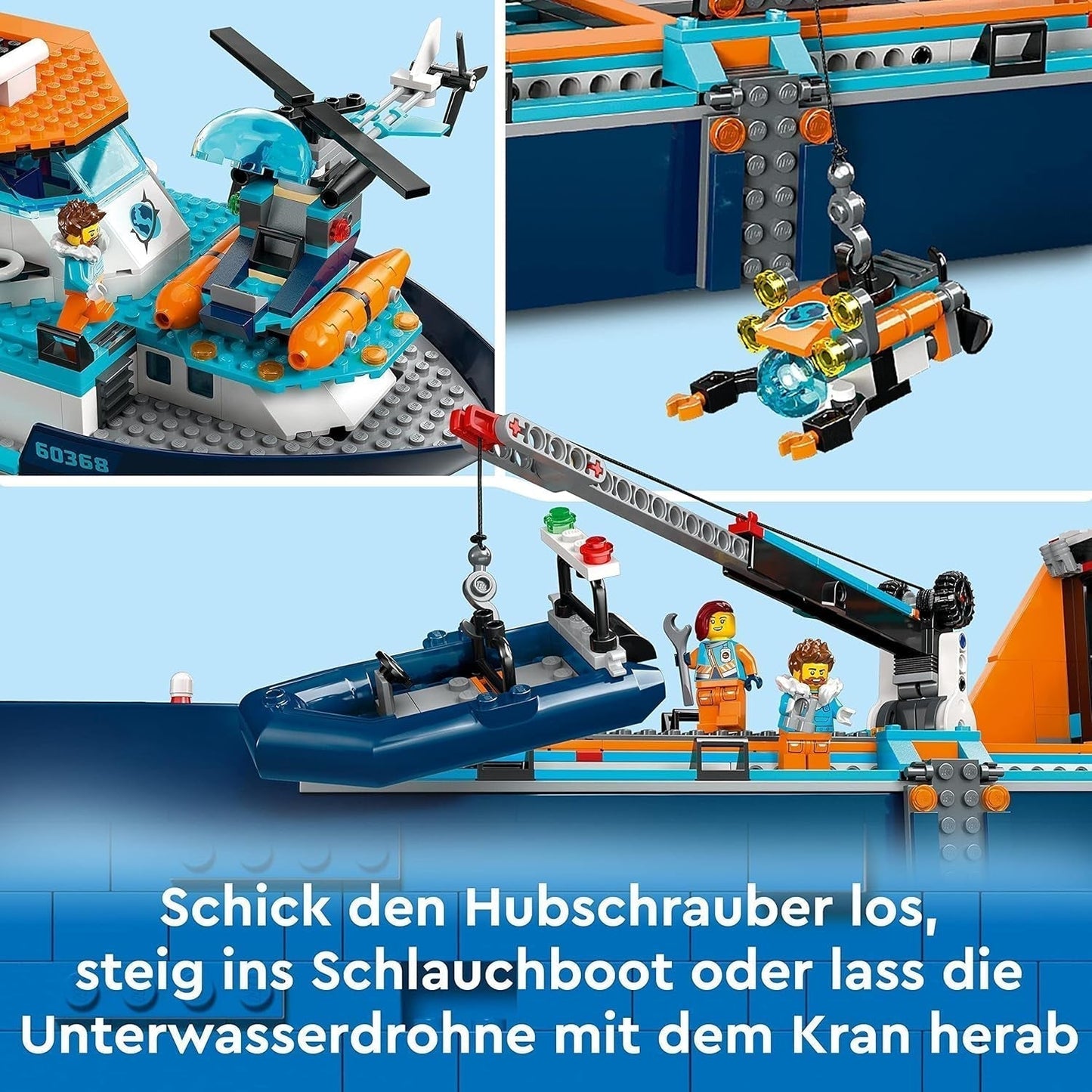 LEGO City Arktyczny statek badawczy, duża pływająca łódź zabawkowa z helikopterem, ponton, łódź podwodna Rov, wrak Wikinga, 7 minifigurek i figurka orki, prezent dla dzieci w wieku od 7 lat 60368 Zestawy do budowania Kup w sklepie LEGO