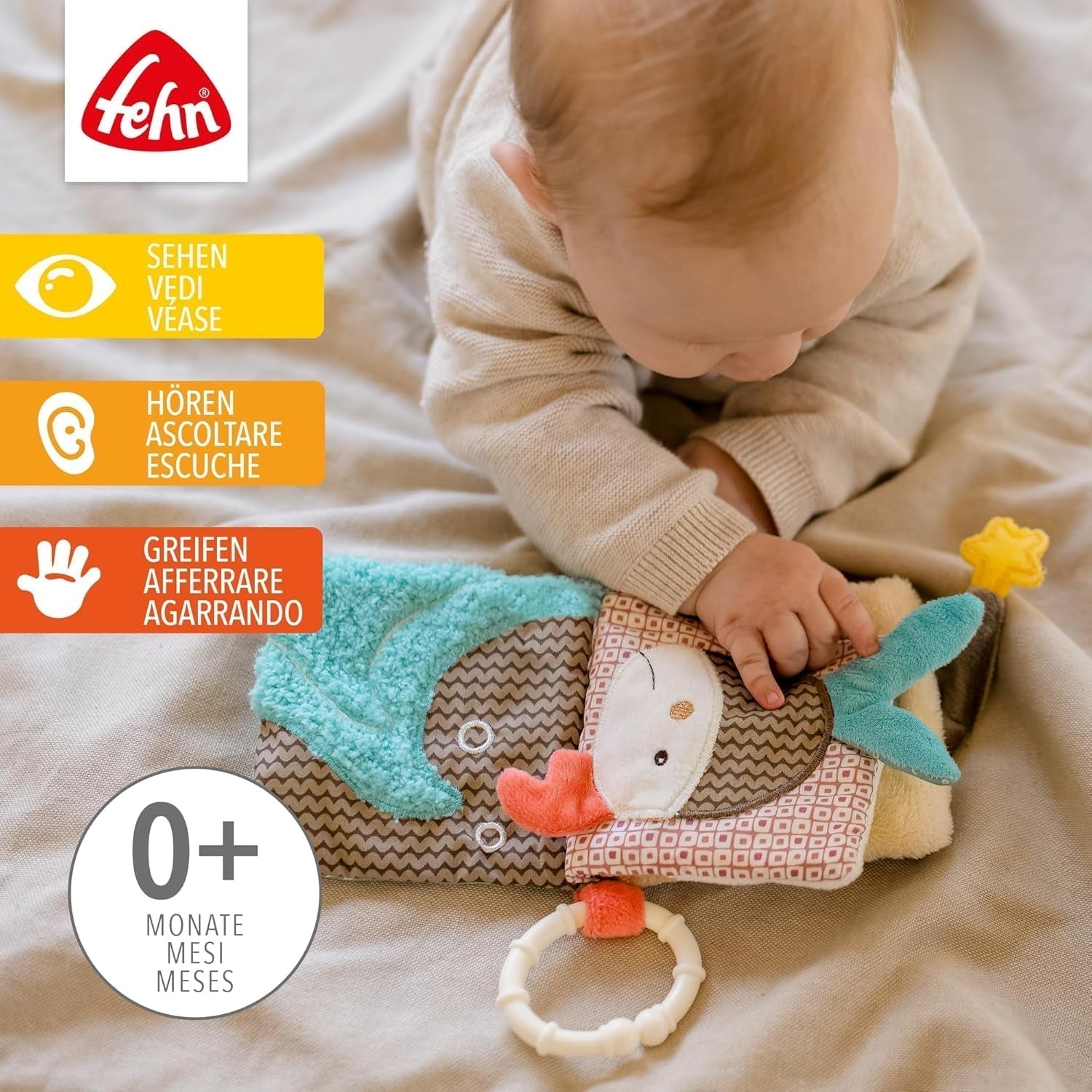 Fehn Soft książka obrazkowa Bruno - miękka książeczka dla niemowląt wykonana z tkaniny z motywami zwierzęcymi - książeczka z zabawkami wykonana z tkaniny do zawieszenia do wózków dziecięcych i fotelików samochodowych - książeczka z petardami dla niemowląt i dzieci od 0+ miesiąca Baby Toys Naty Shop