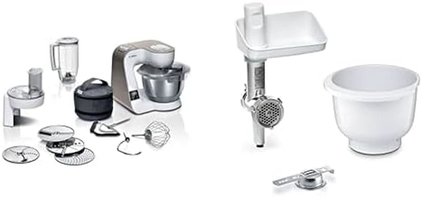Robot kuchenny Bosch Series 4 MUM5X720, zintegrowana waga, miska ze stali nierdzewnej 3,9 l, mikser 1,25 l, 1000 W Akcesoria Żywność i karmienie piersią Baby Naty Shop Zestaw z akcesoriami Bakingsensation White Champagne 2
