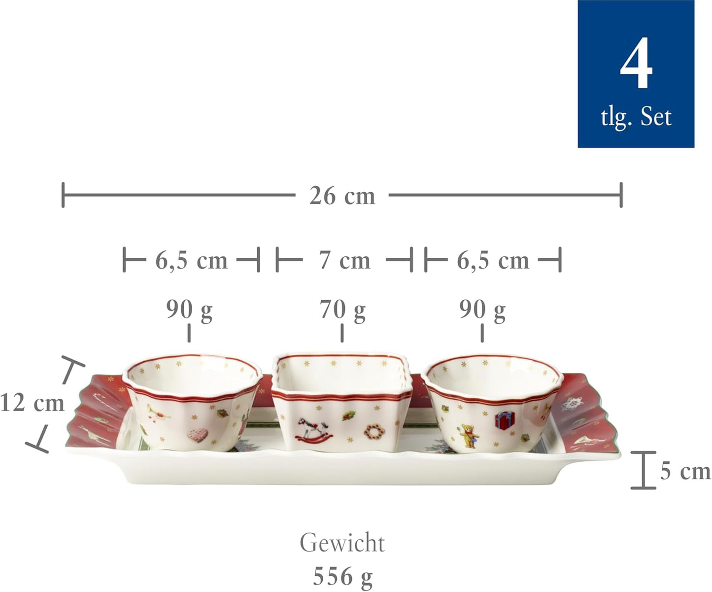 Villeroy & Boch — zestaw do sosów Toy's Delight, 4 szt., półmisek z miseczkami, zestaw misek na bożonarodzeniowy sos, dekoracja stołu z zabawkami, taca do serwowania, miski, świąteczna zastawa stołowa, porcelana Premium