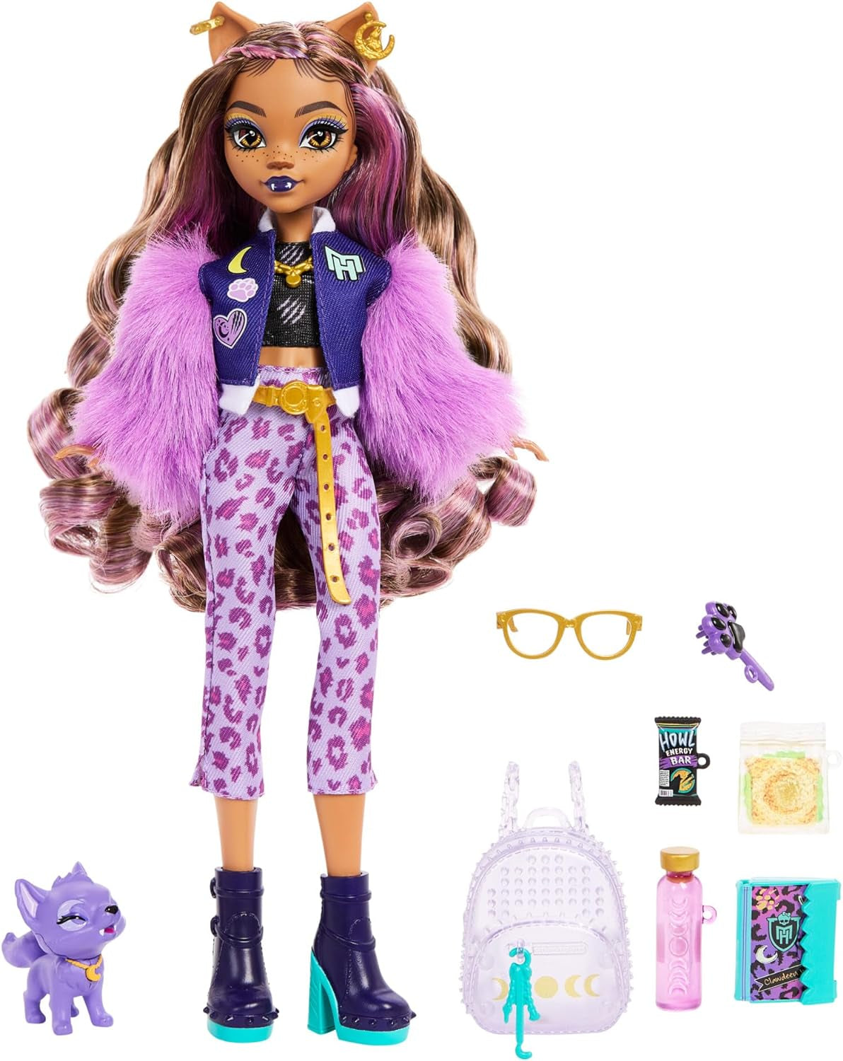 Lalka Monster High Clawdeen Wolf z półksiężycem i akcesoriami, takimi jak tornister, kalendarz, przekąski i inne, HRP65