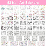 53 Blätter Nagelsticker, zestaw Nail Art Pinsel i Dekorationen, 15 szt. Pinsel, 5 szt. długopisów z kropkami, Strasssteine, Blattgold Für Nagelkunst, Nagel Pailletten, Nagelkunstwerkzeuge Und Dekorationssets