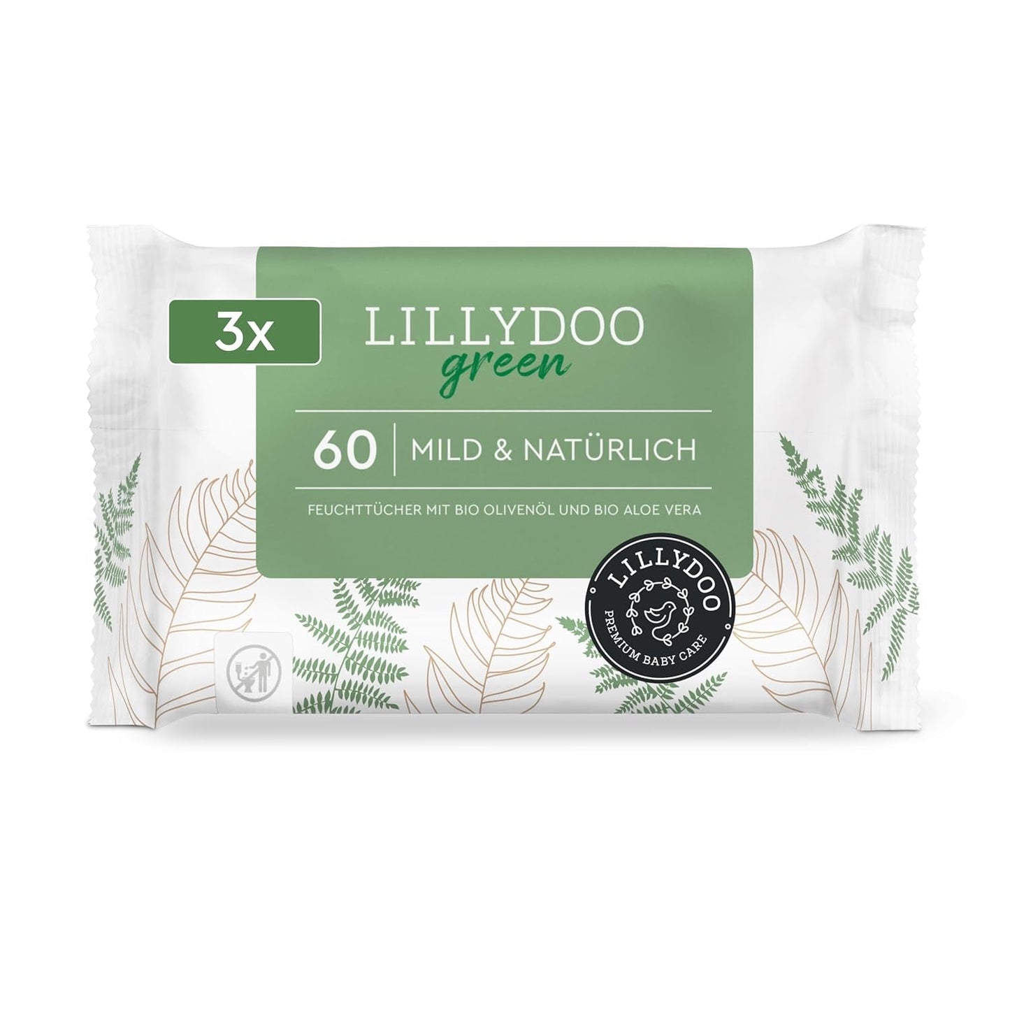 LILLYDOO Zielone chusteczki nawilżane, 600 szt. (10 x 60), odporne na rozdarcia chusteczki w 100% wolne od plastiku - bezzapachowe, delikatne i naturalne, delikatnie oczyszczają wrażliwą skórę, testowane dermatologicznie