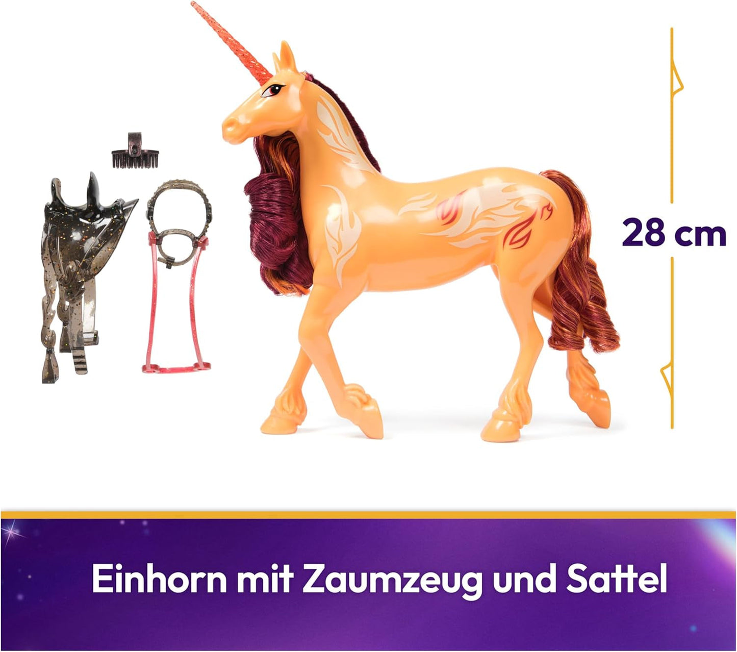 Unicorn Academy Cinder the Unicorn - oryginalny jednorożec Valentina z serialu Netflix o wysokości 28 cm, z prawdziwą grzywą i ogonem, zdejmowaną uzdą oraz siodłem i szczotką, dla dzieci od 4 roku życia