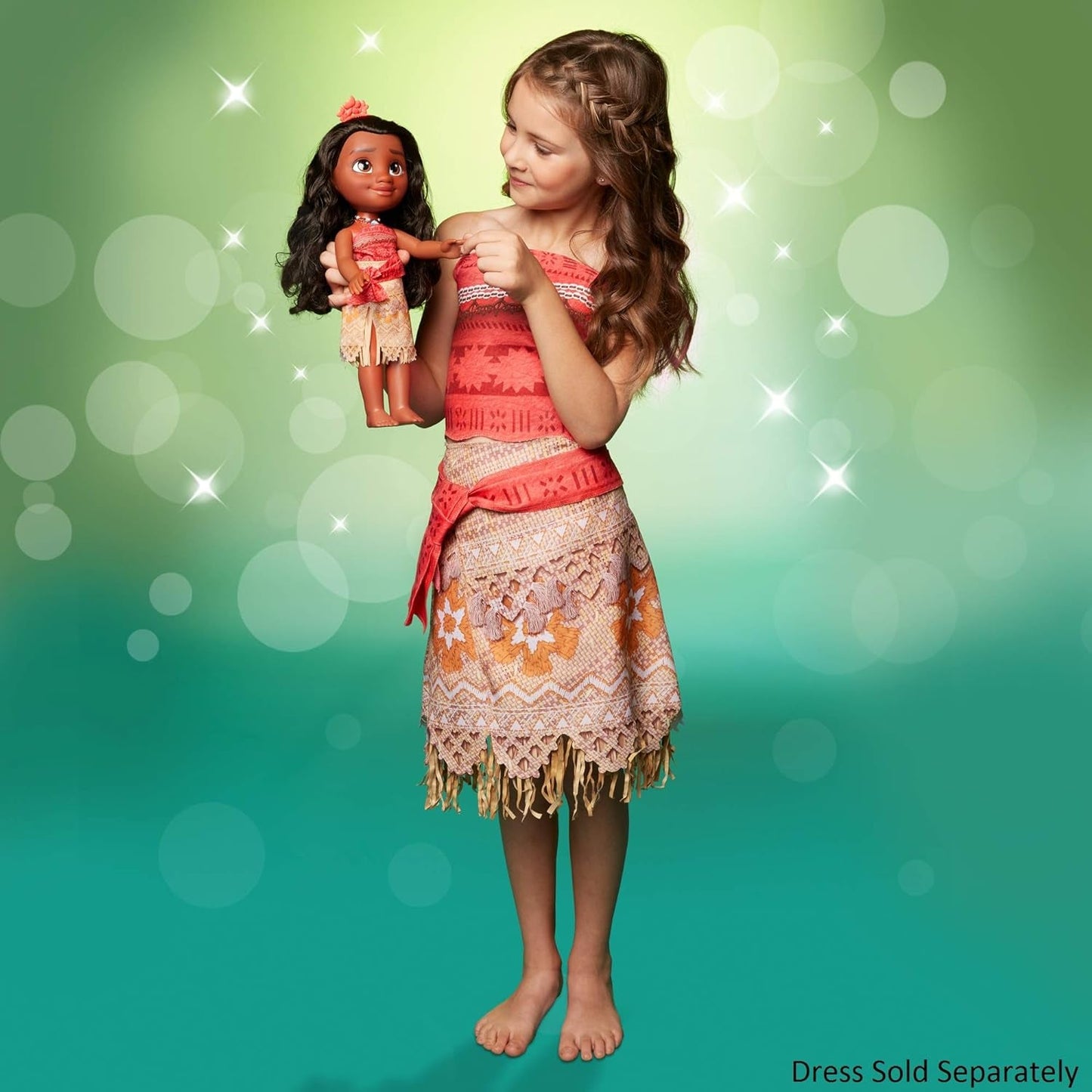 Lalka Disney Princess Moana 35 cm, odblaskowe, brokatowe oczy, ruchome stawy, odpinany strój, klips w kształcie kwiatka, długie włosy, dla dziewczynek w wieku 3 lat i więcej