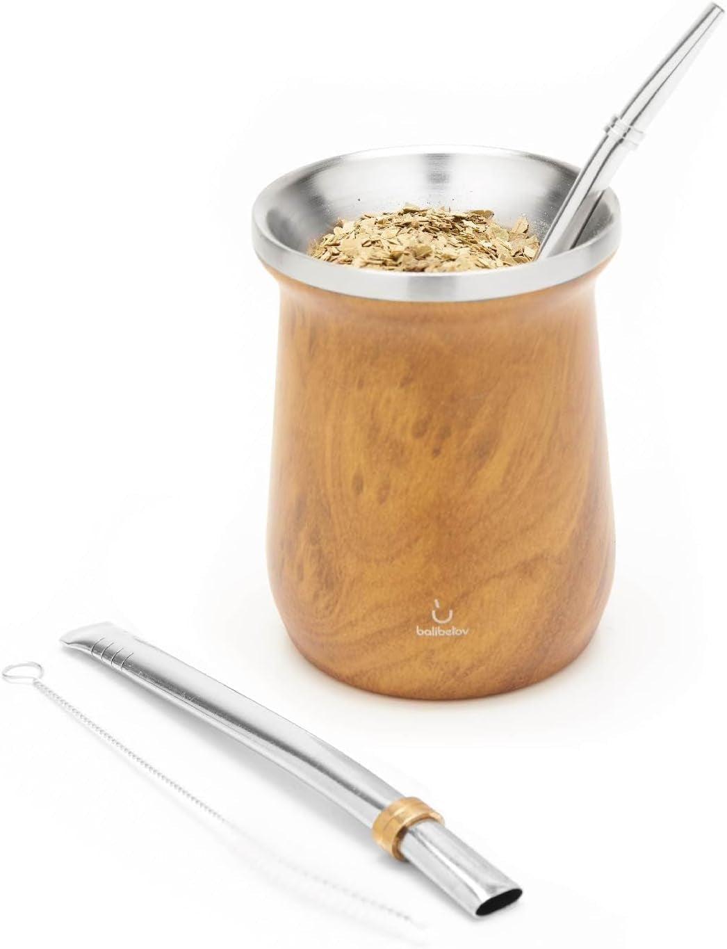 Zestaw do herbaty Yerba Mate balibetov (filiżanka Mate) wykonany ze stali nierdzewnej z bombillą (słomką) do mate, Łatwy w czyszczeniu i bardzo trwały Zestaw do Yerba Mate (DREWNO)
