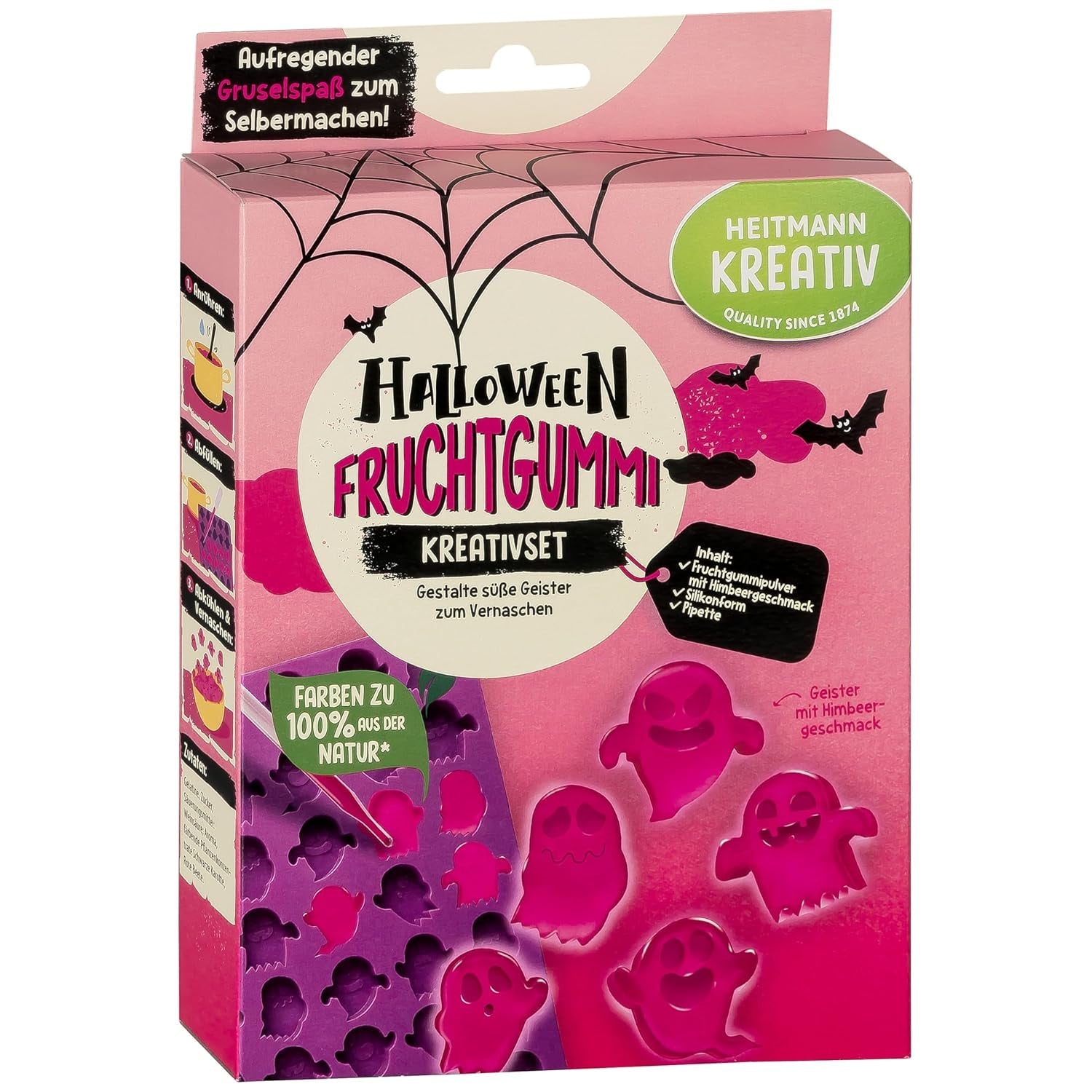 HEITMANN KREATIV - Kreatywny zestaw owocowych gum do żucia na Halloween - Roślinne barwniki w proszku - Różowy - DIY Owocowe gumy do żucia w kształcie ducha o smaku malinowym
