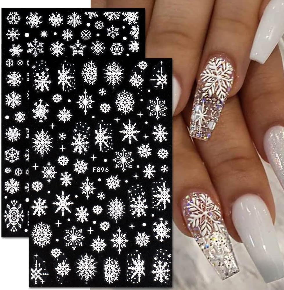 JMEOWIO Nagelsticker Weihnachten 8 Blatt Nagelaufkleber Selbstklebend Weiße Schneeflocken Zimowe naklejki do paznokci Dekoration Nageldesign Zubehör