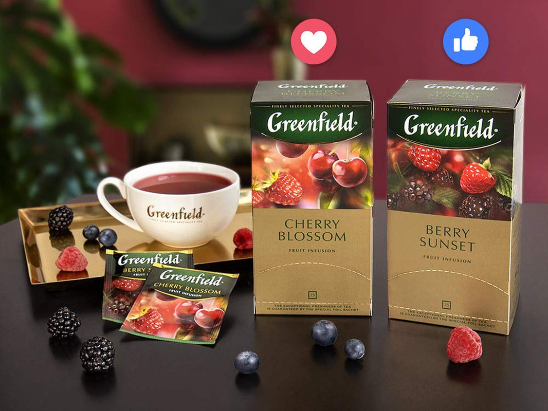 Kwiat wiśni Greenfield, hibiskus, dzika róża, jabłko, malina, jeżyna, torebki herbaty (2 g x 25), 50 g