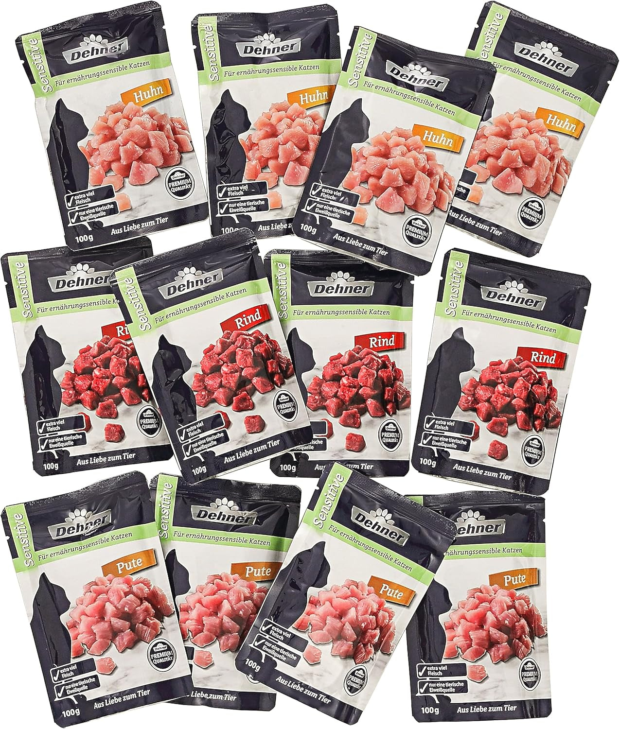Dehner Premium Katzenfutter Sensitive Multipack, Nassfutter, für ernährungsensible Katzen, je 4 x Huhn / Rind / Pute, 12 x 100 g Torba (1,2 kg)