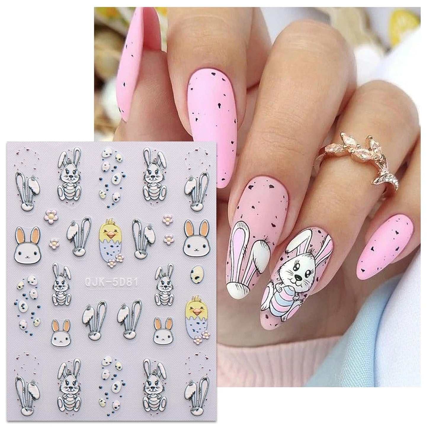 JMEOWIO 6 Blatt 3D Nagelsticker Ostern Nail Art Naklejka Selbstklebend Nagelaufkleber 5D Stereoskopisch Süßer Hase Ei Dekoration Nageldesign Zubehör