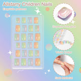 72 szt. Wstępnie klejone paznokcie dla dzieci Pełna okładka Brokat Gradient kolorów Kokarda Krótkie sztuczne paznokcie Świetny prezent dla dzieci Dziewczyny Nail Art - Tęczowy brokat