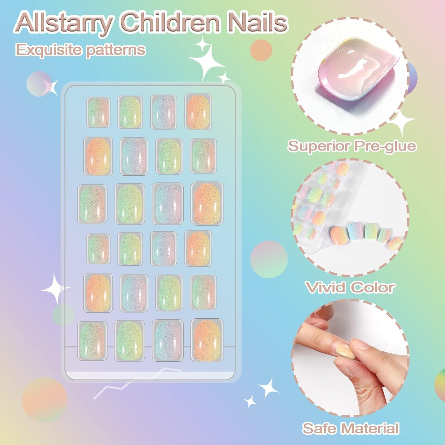 72 szt. Wstępnie klejone paznokcie dla dzieci Pełna okładka Brokat Gradient kolorów Kokarda Krótkie sztuczne paznokcie Świetny prezent dla dzieci Dziewczyny Nail Art - Tęczowy brokat
