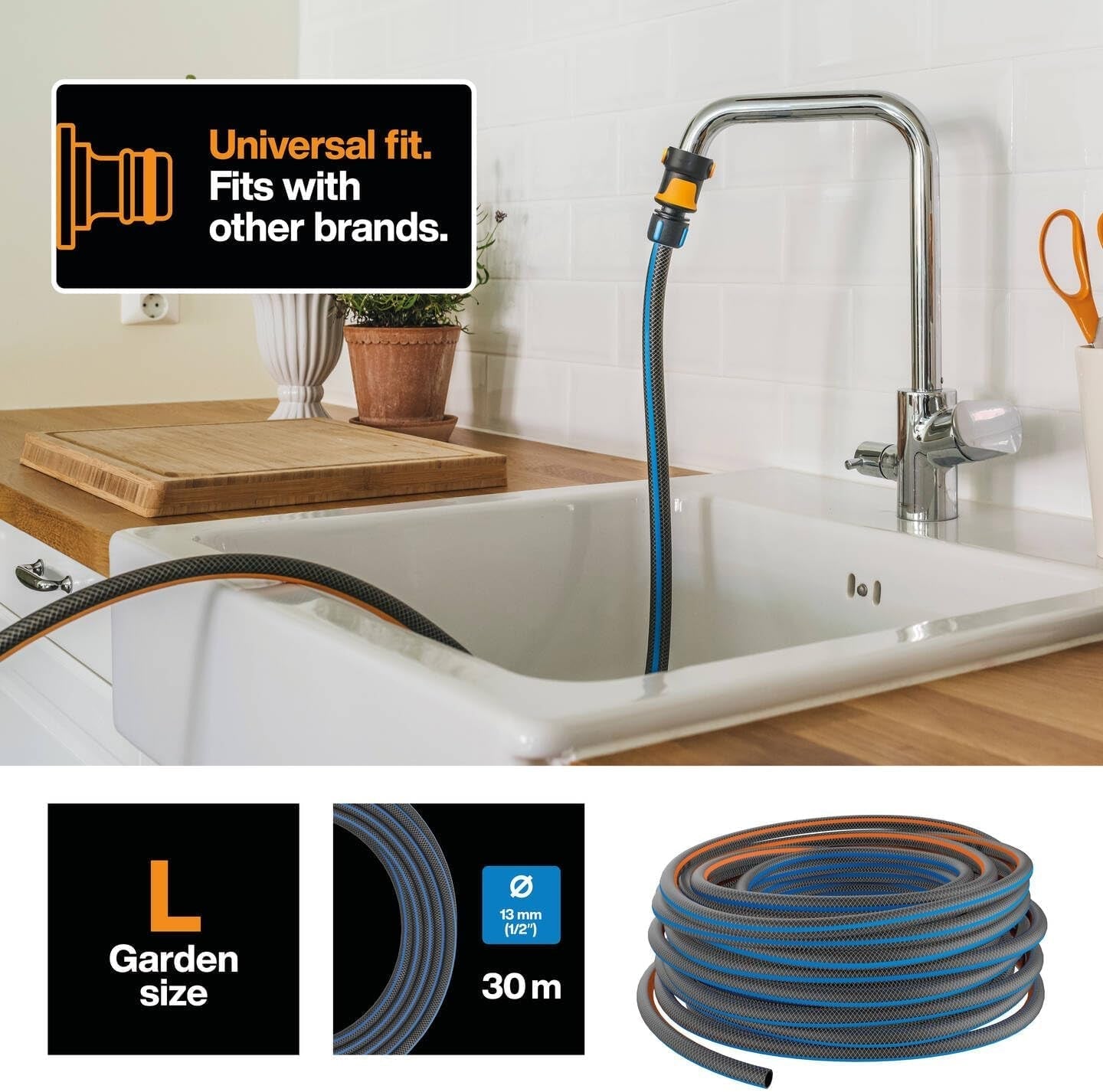 Wąż do wody Fiskars L, ochrona przed promieniowaniem UV, testowany ciśnieniowo, poziom sztywności skrętnej 4 (z 5), 30 m, Ø 1,3 cm (1/2"), 4,2 kg, czarny/pomarańczowy/niebieski, 1027105