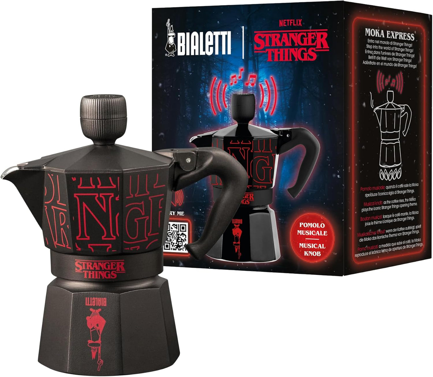Bialetti Moka Express Stranger Things Ekspres do kawy na 3 filiżanki, Przycisk muzyczny z funkcją ładowania USB-C, Nie nadaje się do płyt indukcyjnych, 3 filiżanki (130 ml), Czarny
