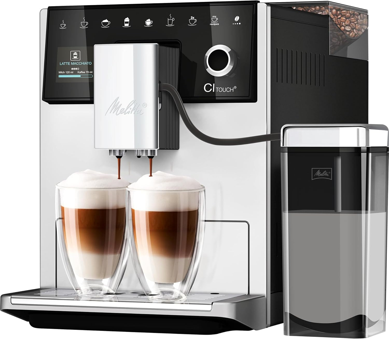 Melitta CI Touch - W pełni automatyczny ekspres do kawy z systemem mlecznym, ekspres ze zintegrowanym młynkiem do kawy i spieniaczem do mleka, m.in. do espresso lub cappuccino, srebrny