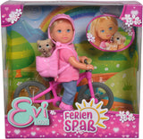 Simba 105733273 - Evi Love Fun Holiday Lalka rowerowa z rowerem, psem i plecakiem, lalka modowa, 12 cm, dla dzieci w wieku 3 lat i starszych