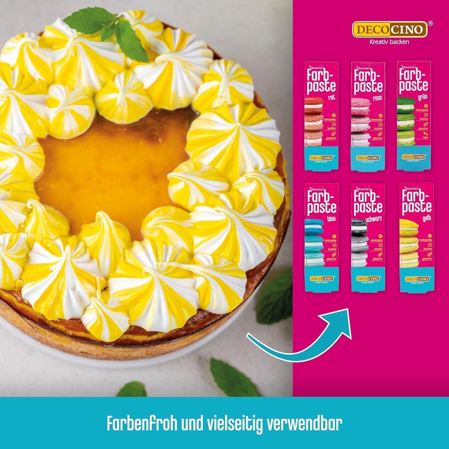 Zestaw 6 past kolorowych Decocino - 6 x 20 g - Barwniki spożywcze w kolorze czerwonym, różowym, zielonym, żółtym, niebieskim i czarnym, idealne do barwienia ciast, fondantów i kremów - Bez azo i bez glutenu