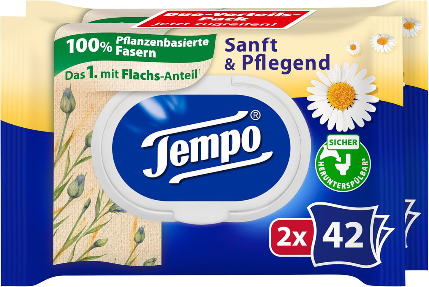 Chusteczki toaletowe Tempo "Gentle & Caring" - Megapack - 16 opakowań po 42 chusteczki - Duo Pack - z naturalnym rumiankiem - papier toaletowy, testowany dermatologicznie, neutralny dla Ph skóry