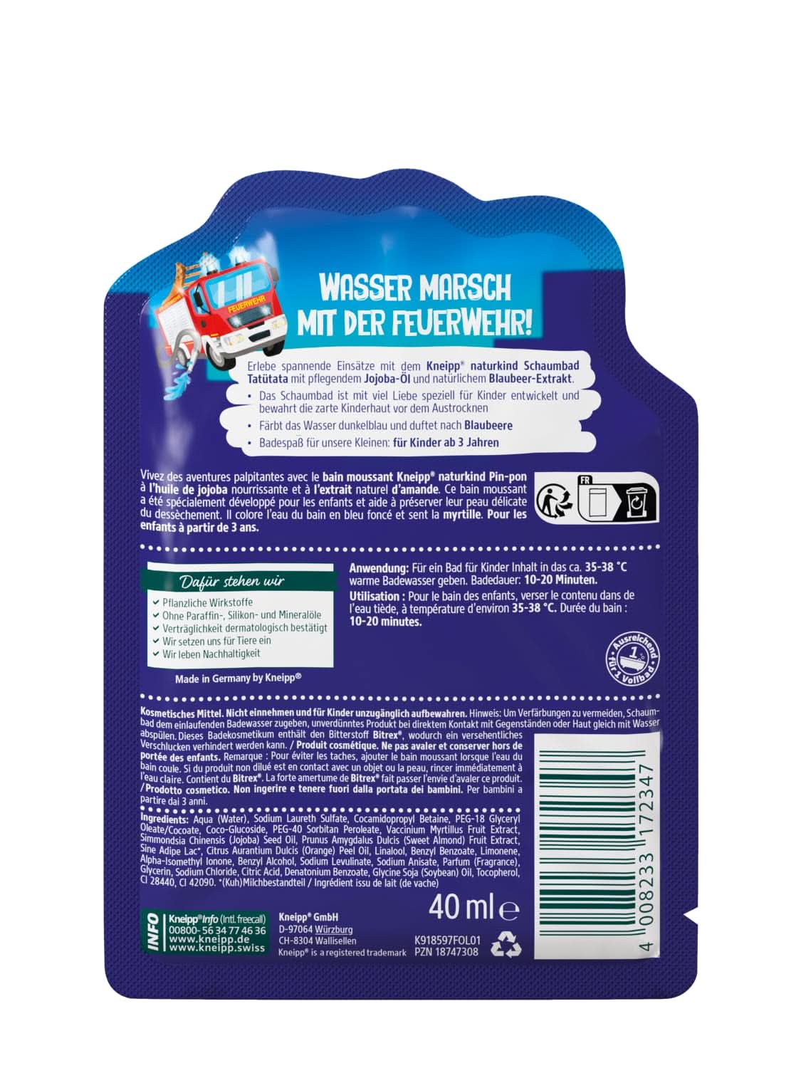 Kneipp Naturkind, dodatek do kąpieli z odżywczym olejkiem jojoba i naturalnym ekstraktem z jagód, owocowy aromat jagodowy, niebieska woda, 40 ml Prysznic i kąpiel Naty Shop