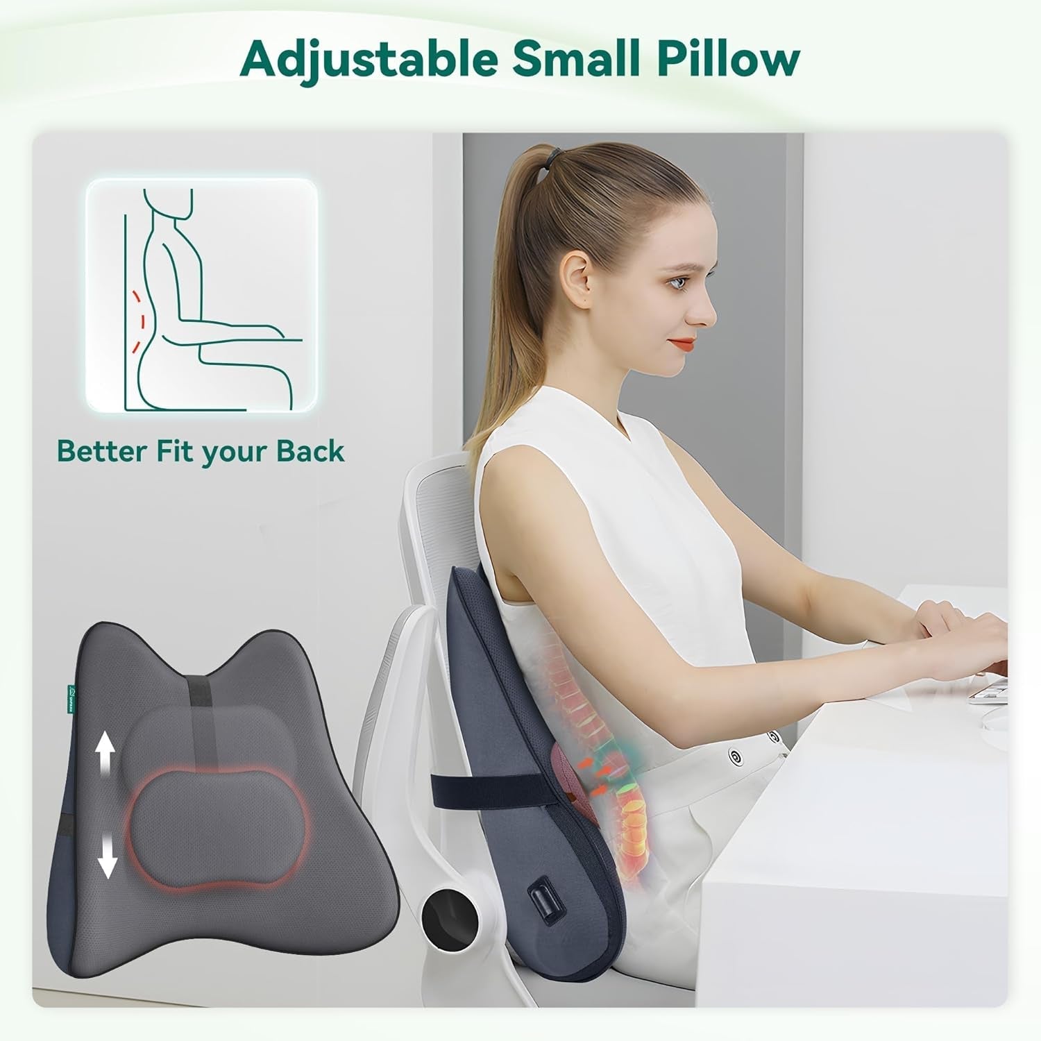 Snailax Ergonomiczna poduszka podparcia lędźwiowego z masażem i ciepłem, poduszka pod plecy Shiatsu z pianki memory, poduszka siedziska z 3 intensywnościami masażu | 2 poziomy ogrzewania | 3 timery | wygodna pozycja siedząca