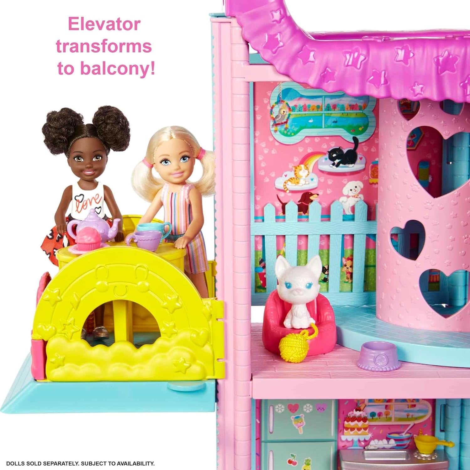 Barbie Chelsea Playhouse — 3 zmieniające się piętra, tajne strefy zabaw, winda, basen, zjeżdżalnia, 2 zwierzęta i ponad 20 akcesoriów, dla dzieci w wieku od 3 lat, domki dla lalek HHX44 Naty Shop