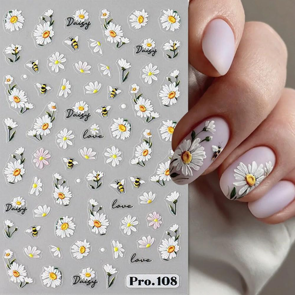 5 sztuk Geprägte Gänseblümchen Nagelsticker Selbstklebend Blumen Nagelaufkleber Gänseblümchen Schmetterling Nagel naklejka Nageldesign Aufkleber Nägel Zubehör Blume naklejka do paznokci kwiat naklejki do paznokci