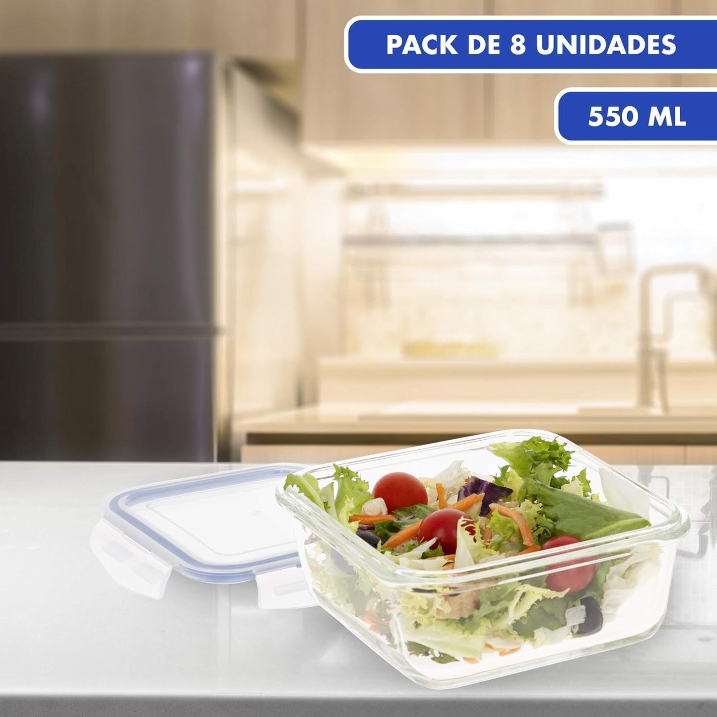Max Home 8-pakowe szklane, hermetyczne pojemniki Szklane pudełko śniadaniowe do kuchenki mikrofalowej Zamykane pojemniki na żywność 550 ml przezroczyste pokrywki Pojemniki na żywność (16538) Pudełka do przechowywania żywności Naty Shop