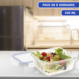 Max Home 8-pakowe szklane, hermetyczne pojemniki Szklane pudełko śniadaniowe do kuchenki mikrofalowej Zamykane pojemniki na żywność 550 ml przezroczyste pokrywki Pojemniki na żywność (16538) Pudełka do przechowywania żywności Naty Shop