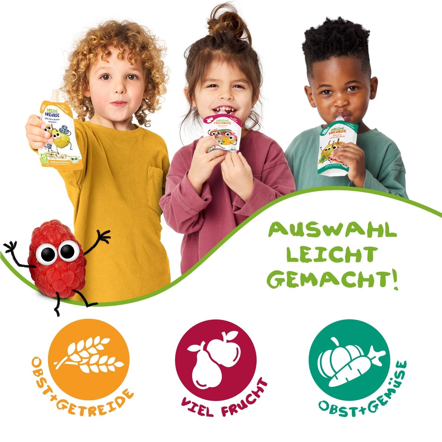 FRECHE FREUNDE Organiczne saszetki owocowe do wyciskania Jabłko Cynamon Gruszka Ryż Orkisz Puree owocowe ze płatkami zbożowymi dla niemowląt 6 miesięcy + Wegańskie 6 szt. (6 x 100 g)