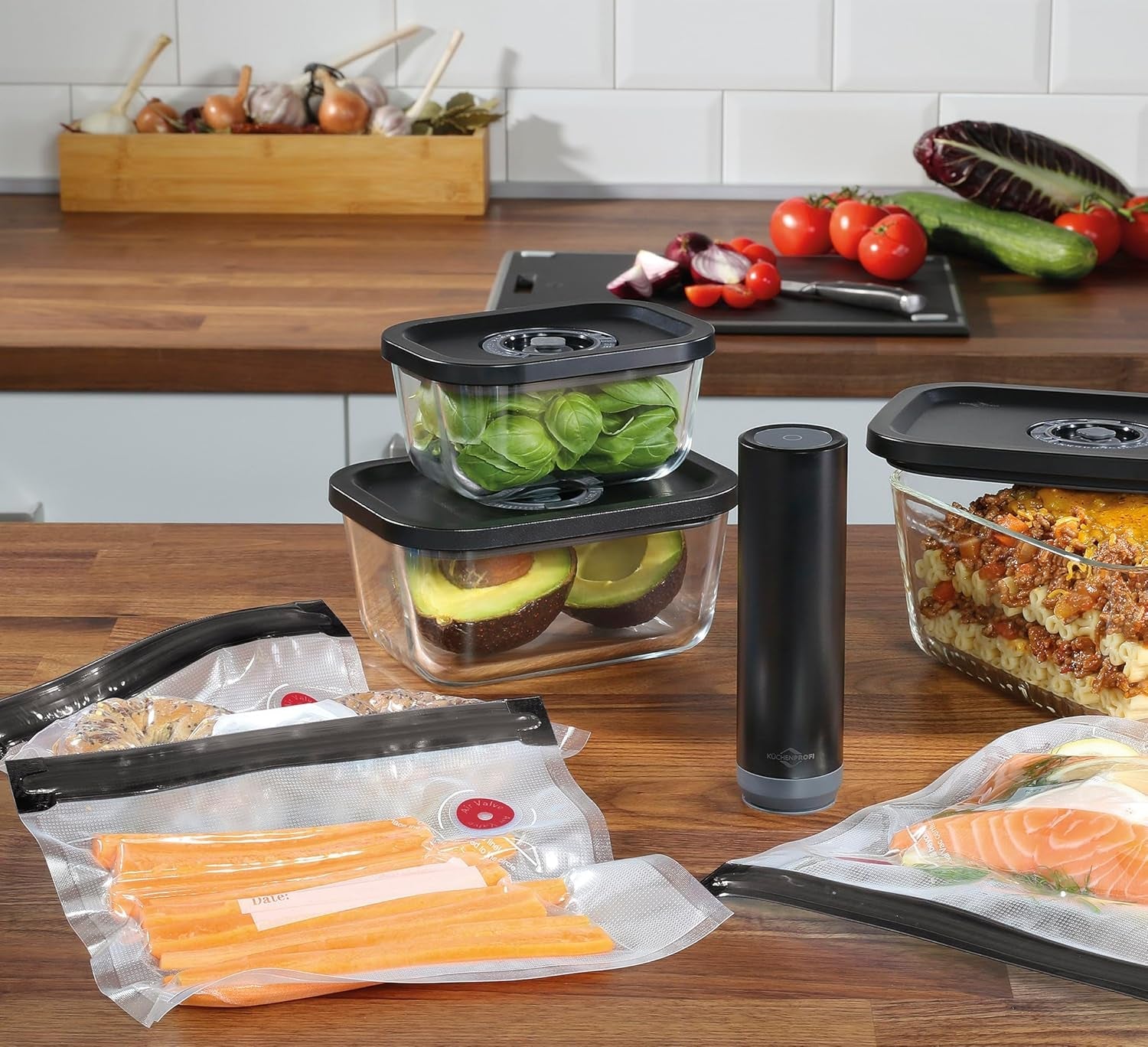 Zestaw próżniowy Küchenprofi EASYFRESH | Zestaw 7 sztuk | 1x elektryczna pompa próżniowa, 1x słoik próżniowy S, M i L, 3x worki próżniowe 22x21 cm | szkło borokrzemowe, tworzywo sztuczne wysokiej jakości | przygotowanie i przechowywanie Pudełka do przechowywania żywności Naty Shop