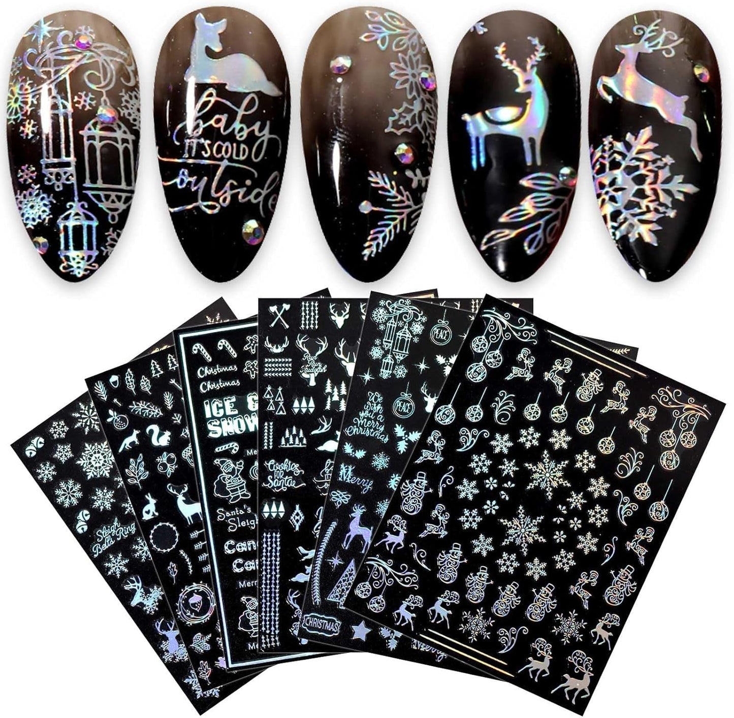 9 Blatt Nagelsticker Weihnachten Nagelaufkleber Selbstklebend Weiß Rentier Schneemann Nail Art Naklejka Dekoration Nageldesign Zubehör