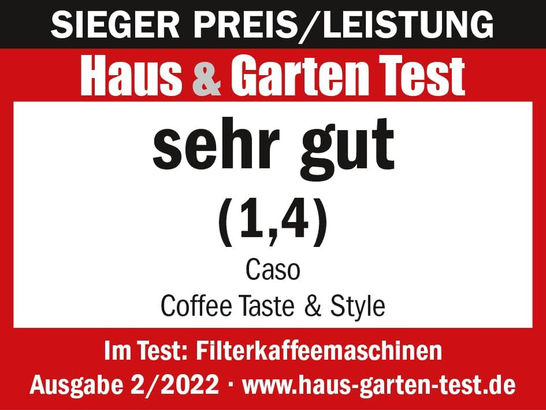 Ekspres CASO Coffee Taste and Style z filtrem stałym, 1,5 l, optymalna temperatura parzenia 92-96°C, system zapobiegający kapaniu, zoptymalizowana głowica zaparzająca, stal nierdzewna, 12 filiżanek