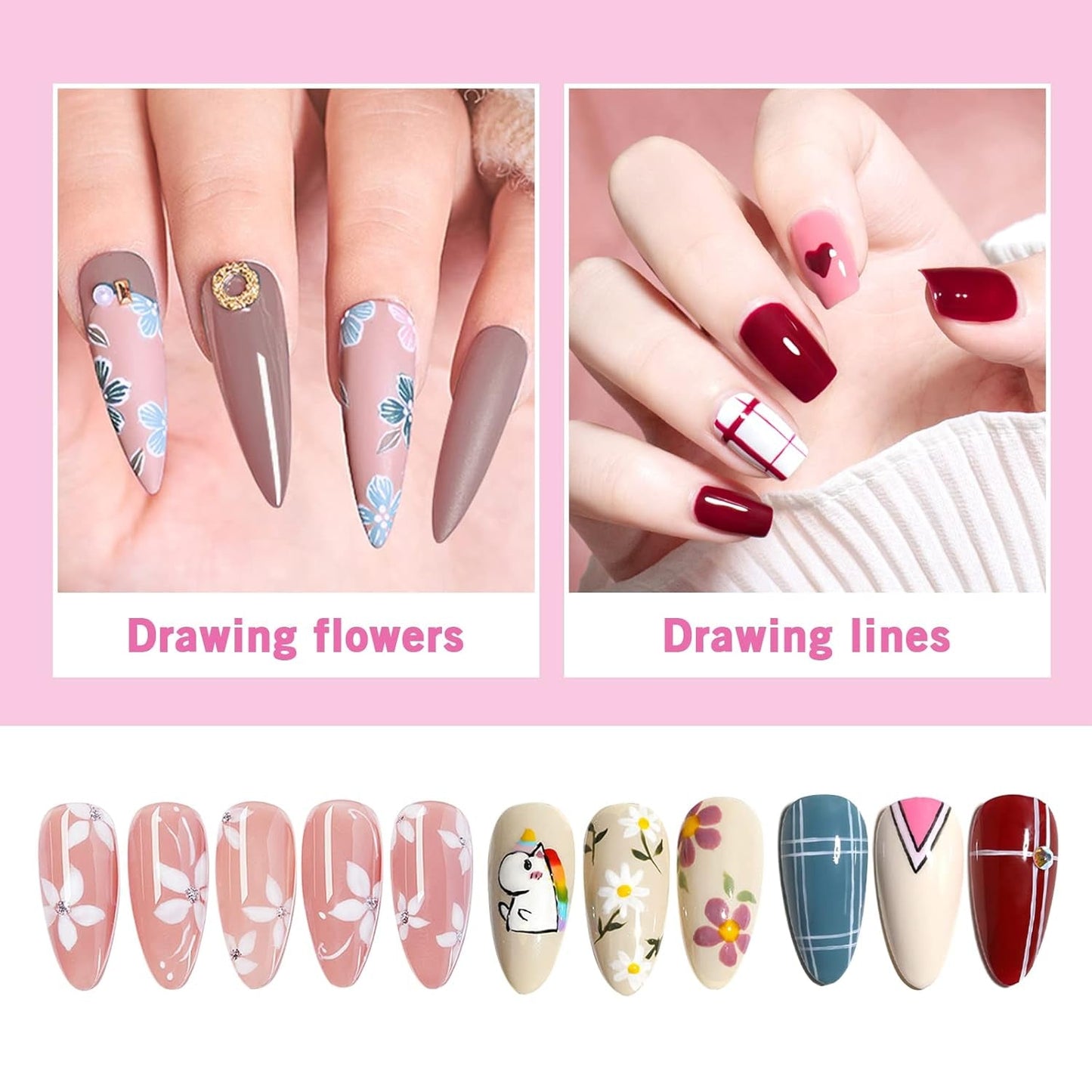 Sularpek Nail Art Liner Pinsel, 5 Stück Profi Detail Fine Nails Pędzel do paznokci żelowych, Nagel Pinsel Dünn Für Beauty Frauen Nagelstudio (5 Größen, Rosa)
