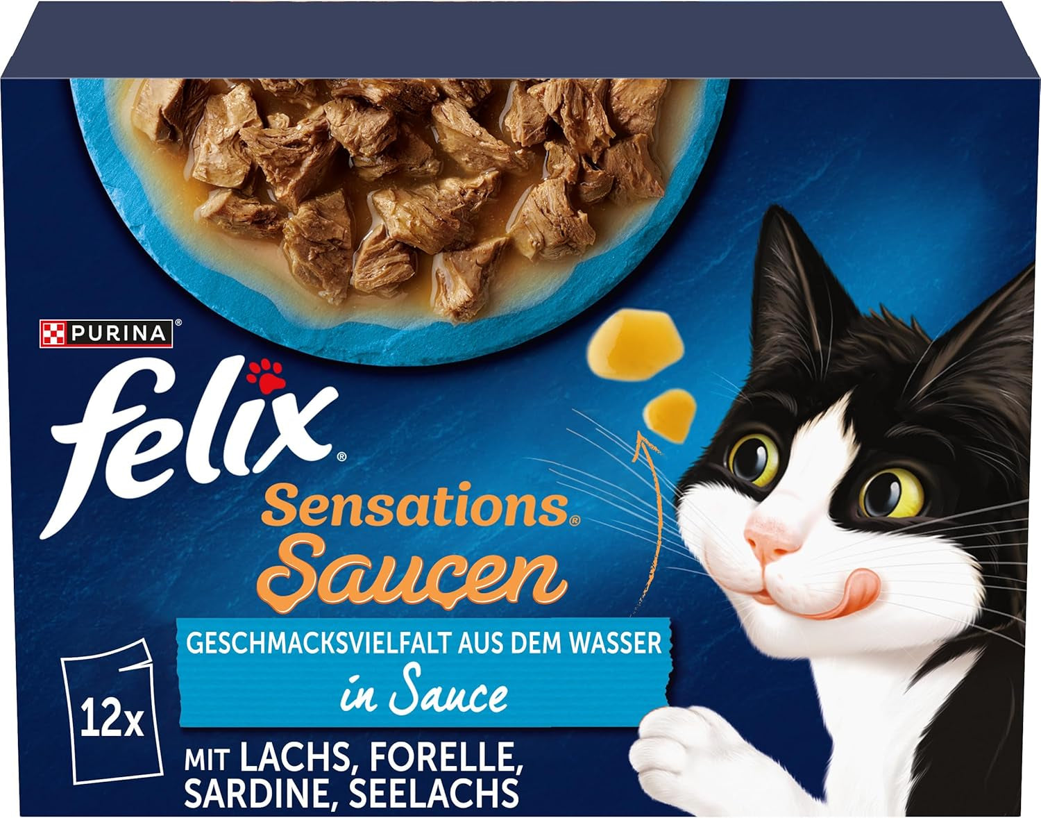 Felix Sensations Sauces Mokra karma dla kotów, mieszanka ryb, opakowanie 6 sztuk (6 x 12 saszetek po 85 g każda)