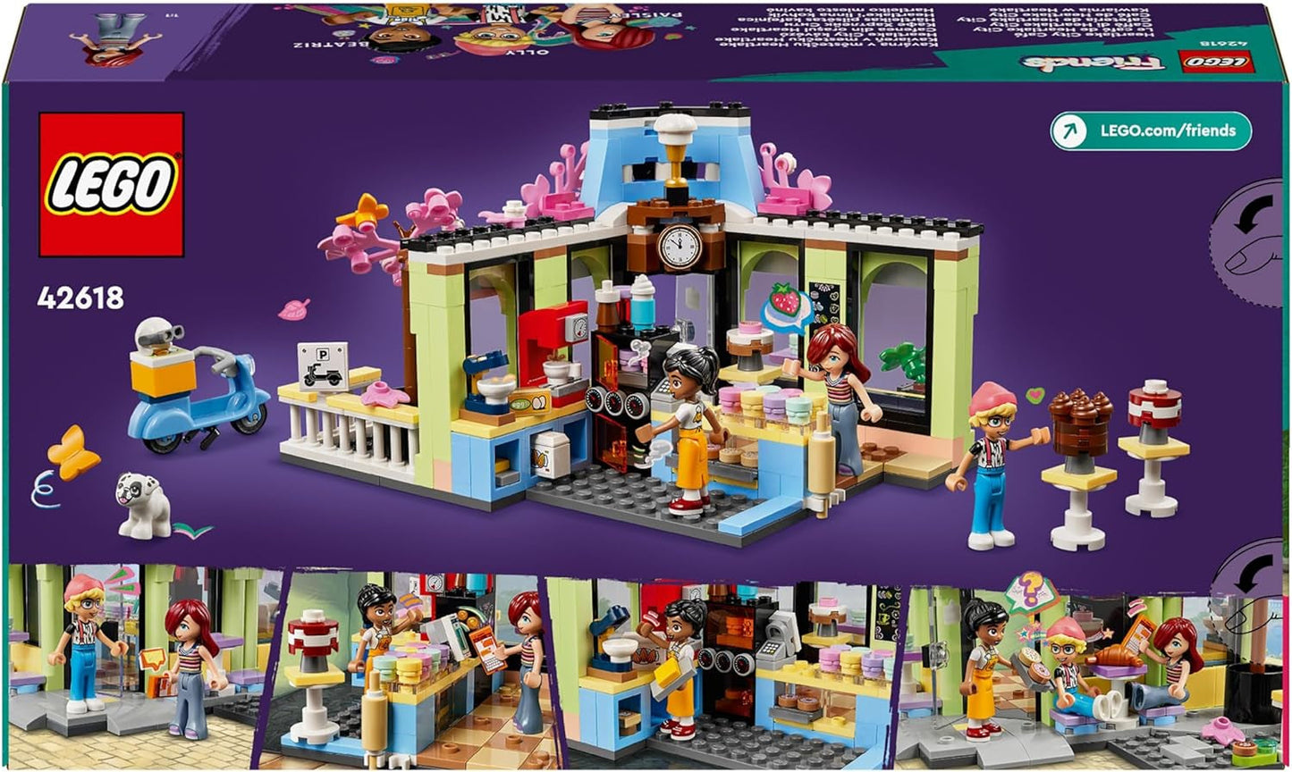 LEGO Friends Kawiarnia w Heartlake, zabawka dla dzieci, zabawkowa piekarnia, pomysł na prezent dla dziewcząt i chłopców w wieku od 6 lat, zestaw 3 figurek do zabawy i figurka psa 42618 Zestawy do budowania Besuche w sklepie LEGO