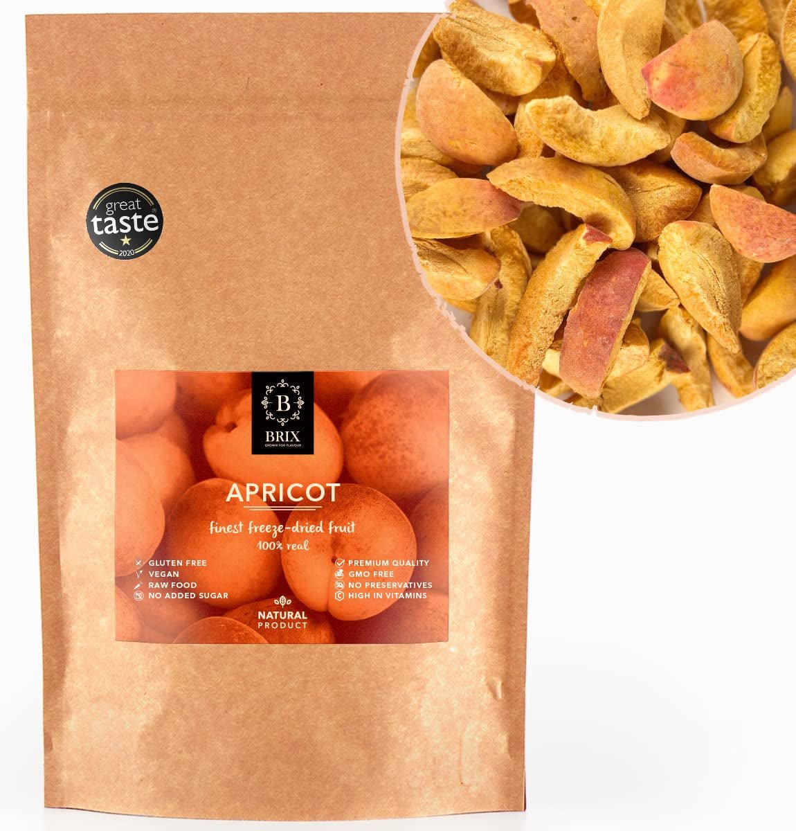 Morele liofilizowane BRIX | Naturalne, suszone morele 85 g | Great Taste Award dla suszonych owoców | Bez GMO, bezglutenowe, wegańskie, z konserwowanymi witaminami Naty Shop Produkty suszone Domyślny tytuł