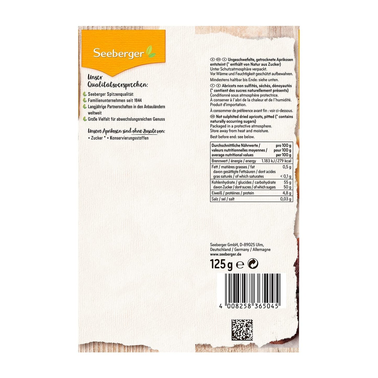 Seeberger Unsulfured Apricots: Niepoddane obróbce suszone morele o słodkim, owocowym smaku - bez dodatku cukru - bez pestek, wegańskie (1 x 125g) Naty Shop Dehydrated Products