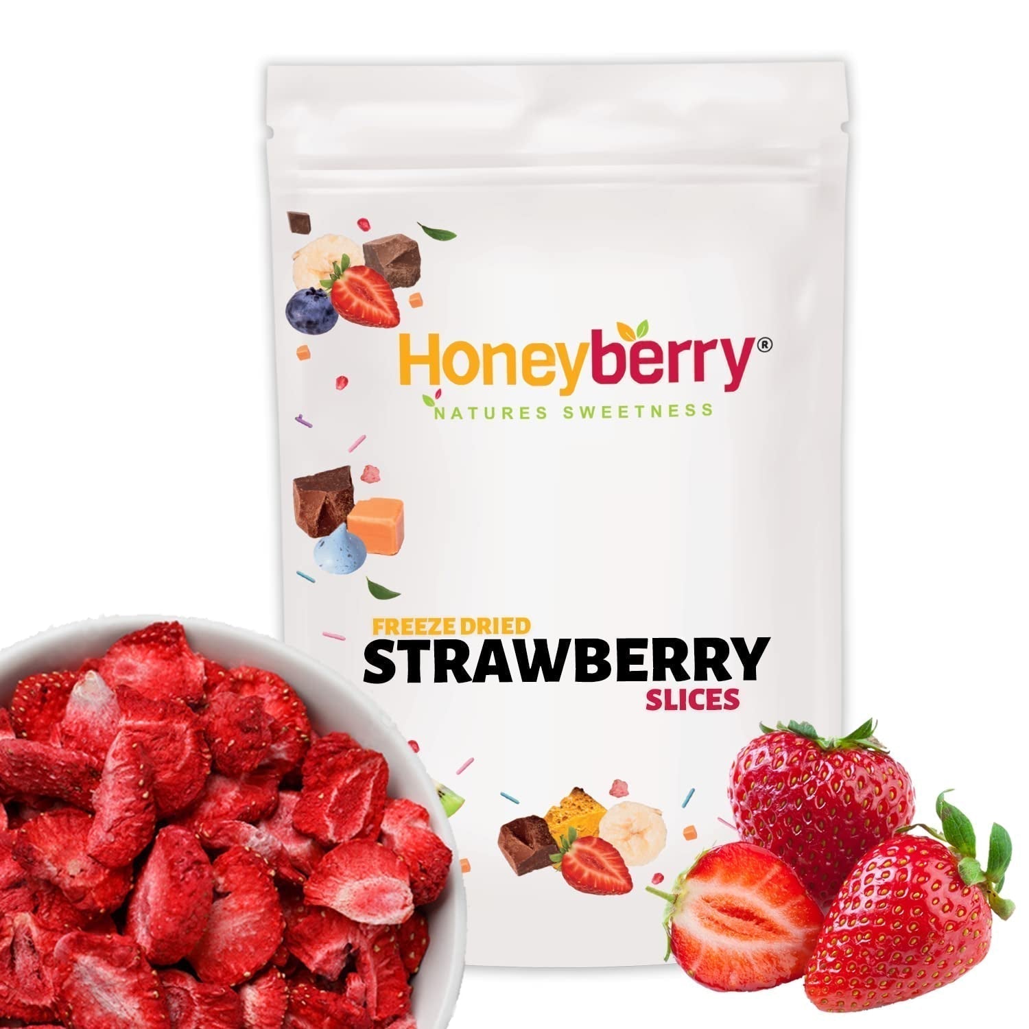 Truskawki liofilizowane 150g - Truskawki liofilizowane plastry - Owoce suszone liofilizowane - Owoce truskawki suszone - Idealne do wypieków, dekoracji, przekąsek, musli, deserów Produkty odwodnione Naty Shop 150G