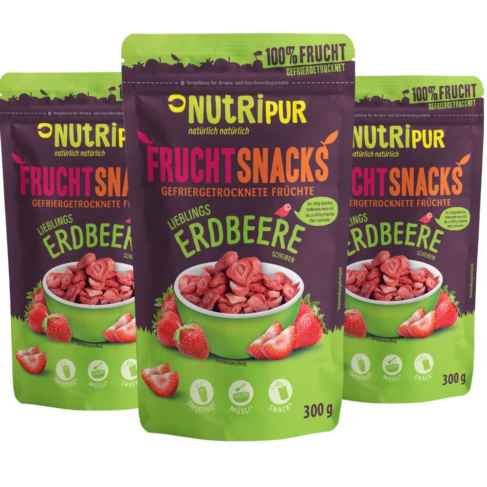 Truskawki Liofilizowane 300g: Niesłodzone Plasterki Suszonych Truskawek - Pure Owoce Truskawki Liofilizowane Pełne Smaku: Jagody Liofilizowane - NUTRIPUR Suszone Owoce Naty Shop Produkty Suszone 300G (zestaw 3 sztuk) Truskawki
