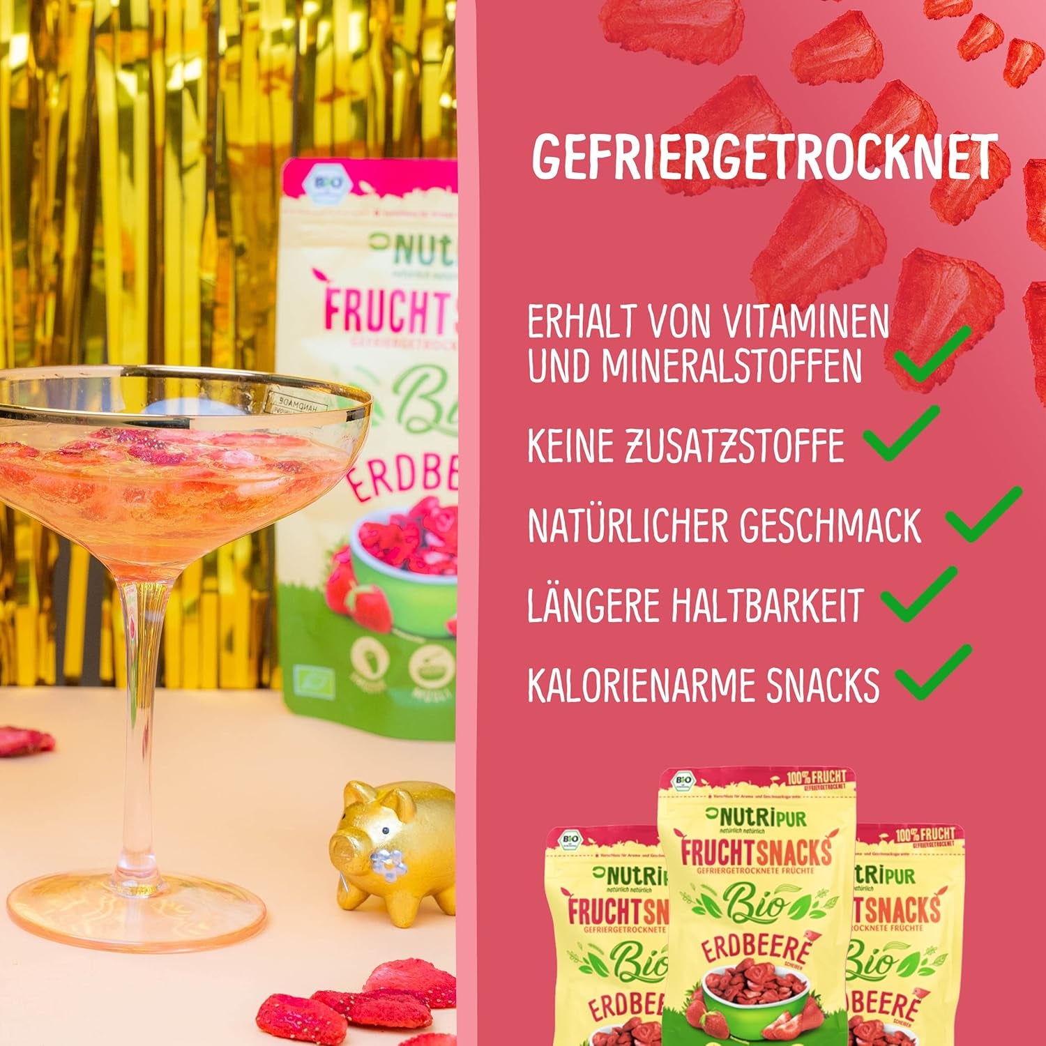 Ekologiczne truskawki liofilizowane: 70g suszonych truskawek do smoothie, musli, posypek do owsianek - jagody liofilizowane bez dodatku cukru - truskawki liofilizowane - owoce NutriPur Produkty suszone Naty Shop