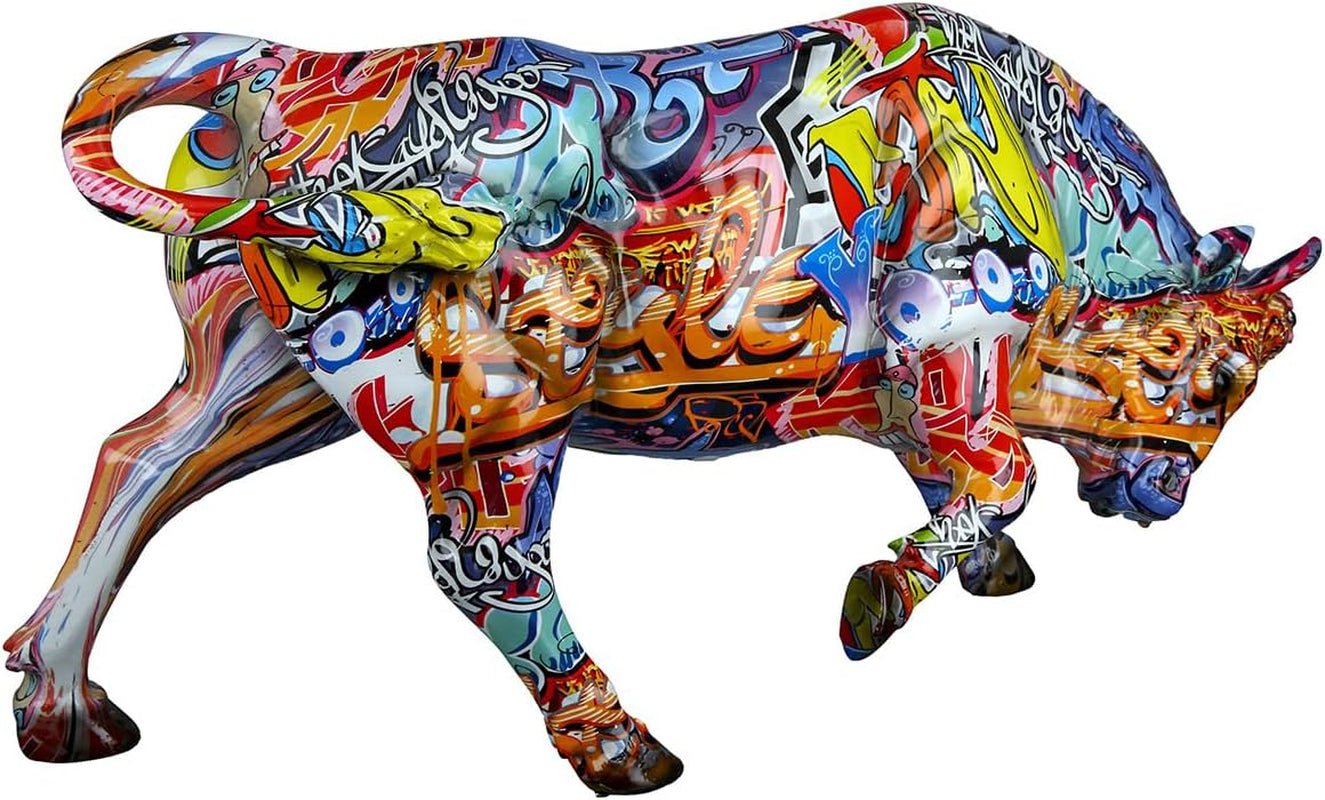 Dekoracyjna figurka zwierzęcia byka Casablanca - wykonana z żywicy syntetycznej w stylu street art - kolor: wielobarwny wysokość 27 cm Figurki i rzeźby Naty Shop Domyślny tytuł
