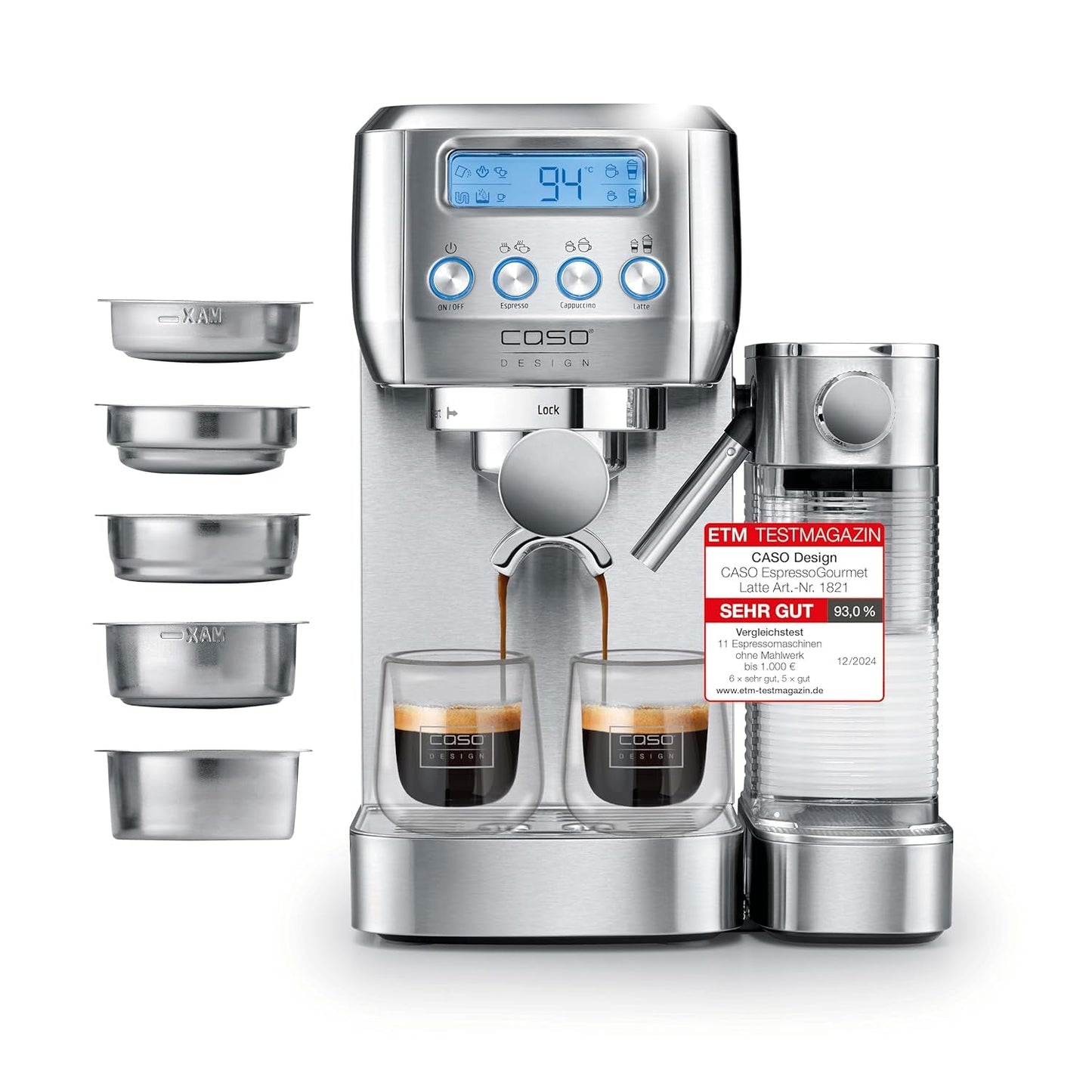 CASO EspressoGourmet Crema - Ekspres z kolbą ze spieniaczem do mleka, espresso, cappuccino, kolba ze stali nierdzewnej, pompa ULKA 20 bar, ekspres do kawy, kawa mielona, ​​kapsułki ESE