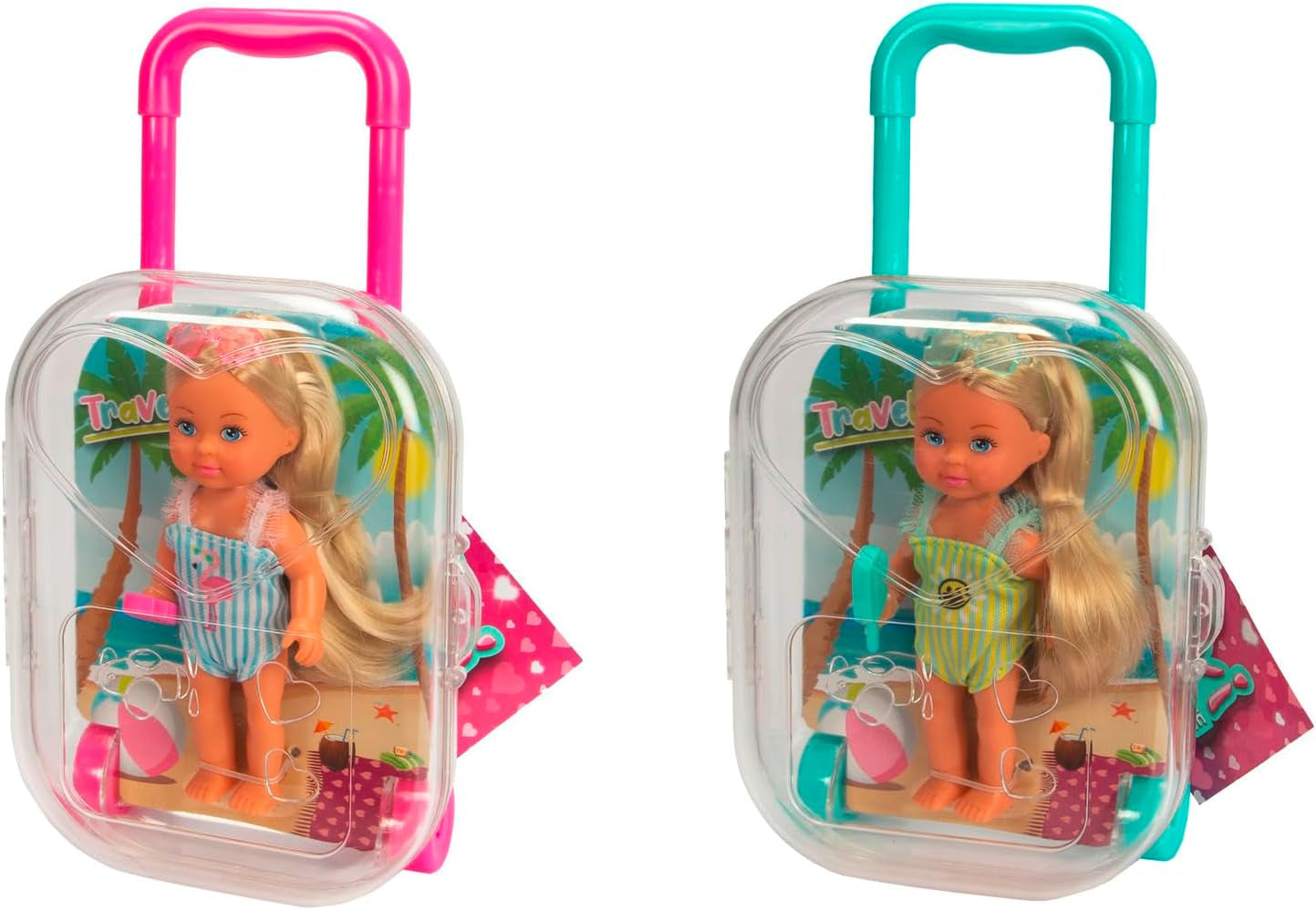 Simba Evi Love Travel, 2 różne modele, zostanie dostarczona tylko JEDEN przedmiot, lalka w walizce na kółkach, nosi kostium kąpielowy z falbaną, zawiera okulary przeciwsłoneczne i lody, 12 cm, wiek 3+