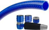 Zestaw węży ogrodowych TATAY Blue Line 25 metrów Ø3/4" 19mm, 3 warstwy, wyprodukowany w Hiszpanii, odporność na 20 bar i +60°/-20°, w oplocie, bez kadmu i ołowiu, bez BPA, anty-UV. Kolor niebieski.