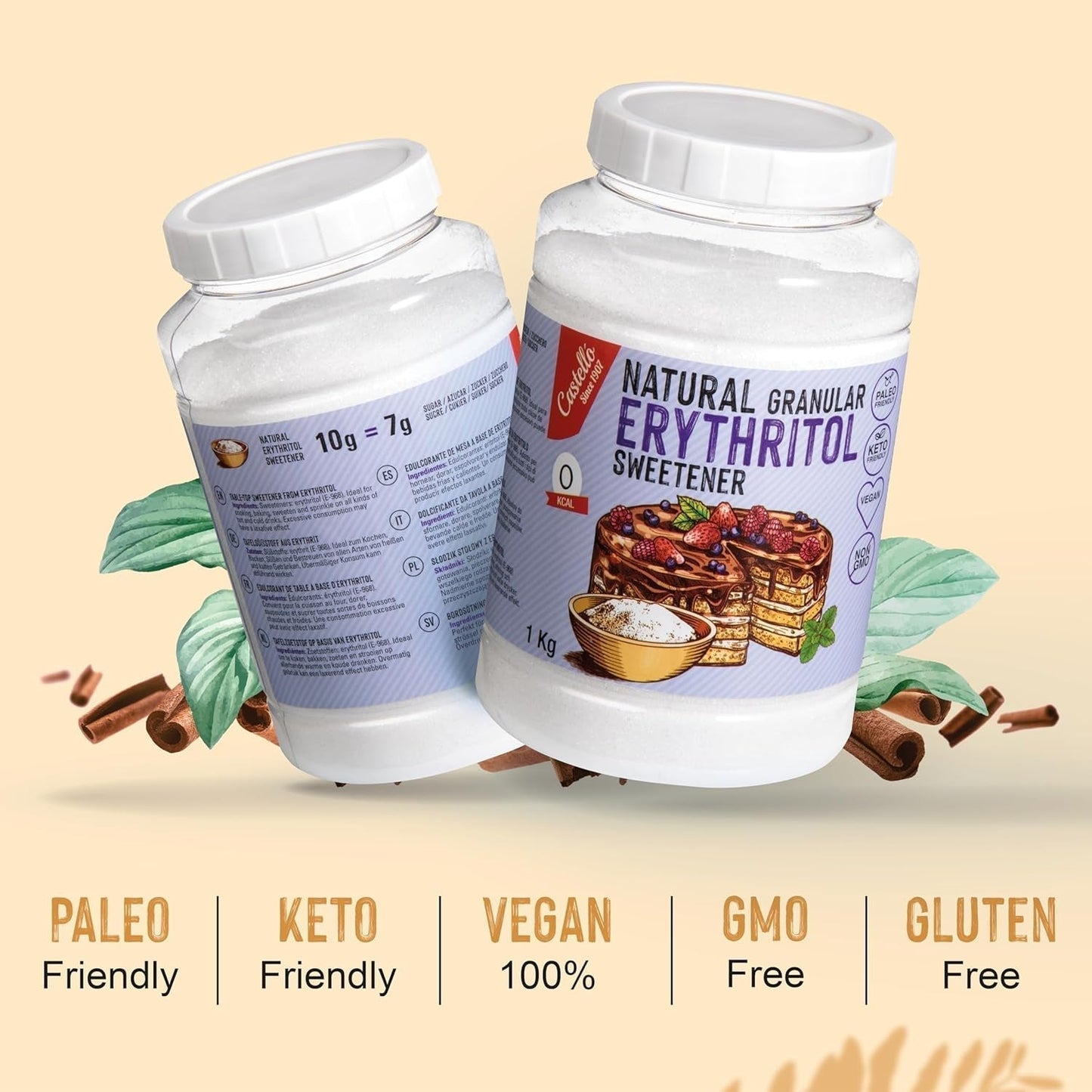 Natürliches Erythrit - Kristallzucker | 10G = 7G Zucker | Natürlicher Zuckerersatz - 0 Kalorien - 0 Glykämischer Index - Keto Und Paleo - 0 Netto-Kohlenhydrat - Kein GVO - Castello od 1907-1Kg Słodziki Naty Shop