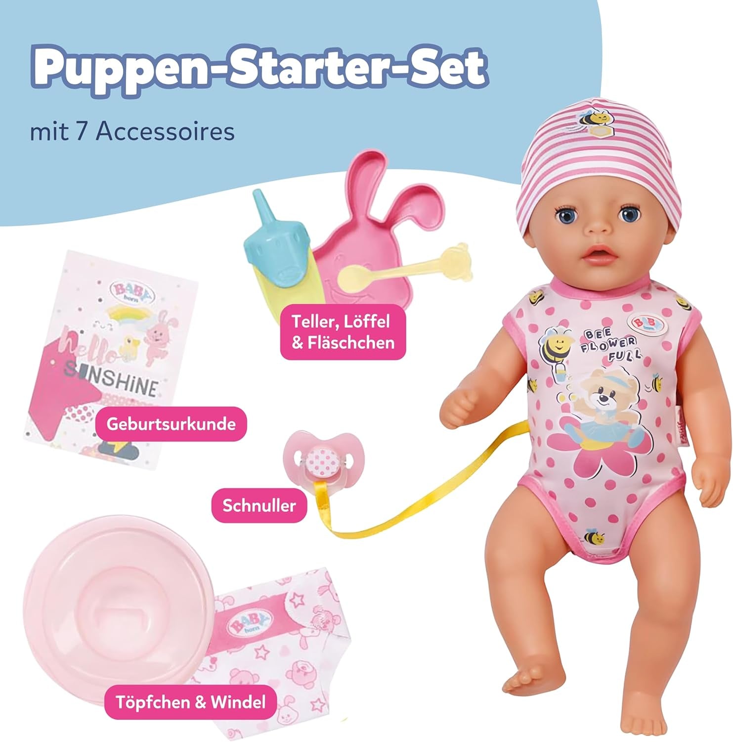 BABY Born Lena (Girl) - laleczka bobas 36 cm - 7 funkcji, w tym akcesoria i materacyk - Działa całkowicie bez baterii - Odpowiednia dla małych dzieci od 1 roku